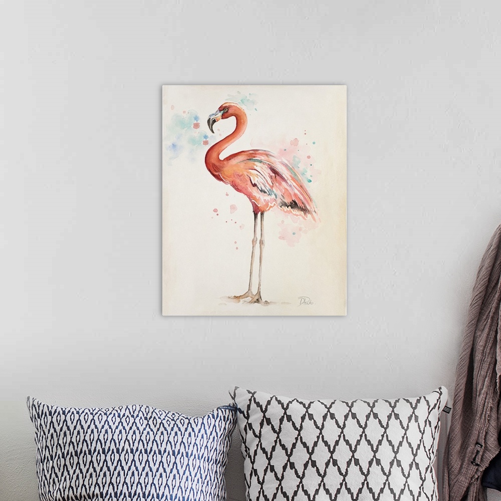 A bohemian room featuring A watercolor painting of a pink flamingo standing on both feet.