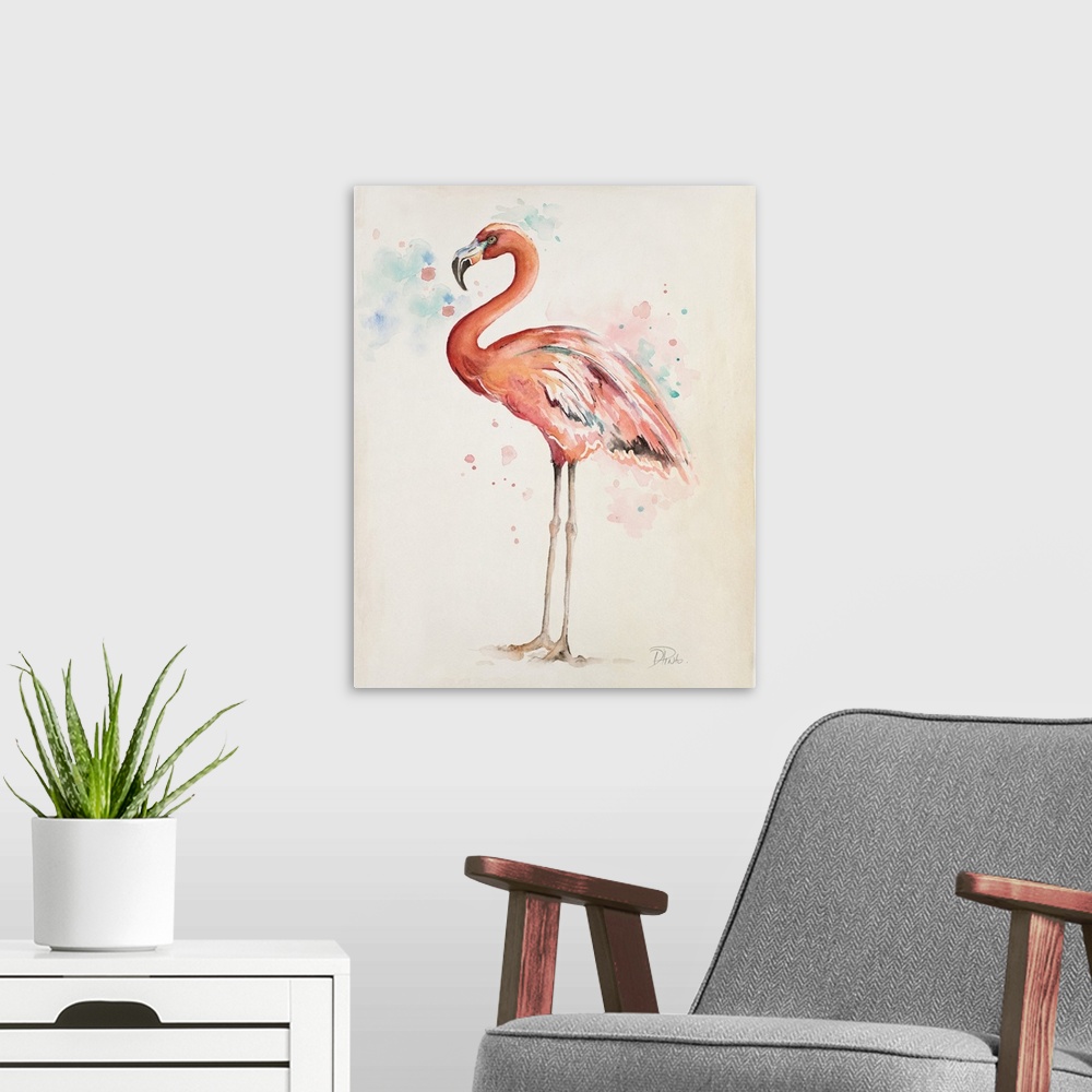 A modern room featuring A watercolor painting of a pink flamingo standing on both feet.