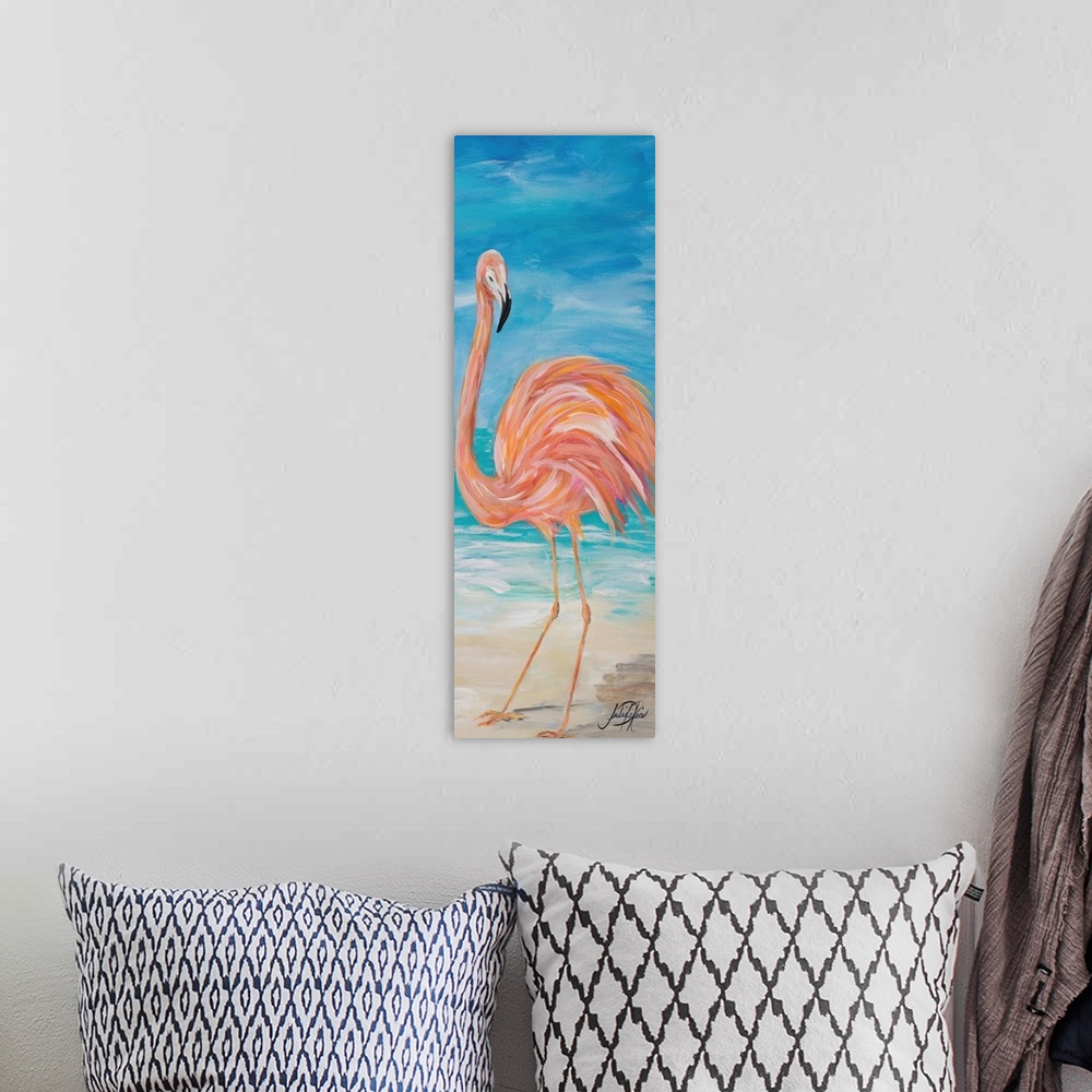 A bohemian room featuring Contemporary painting of a pink flamingo standing on a beach with the ocean in the background.
