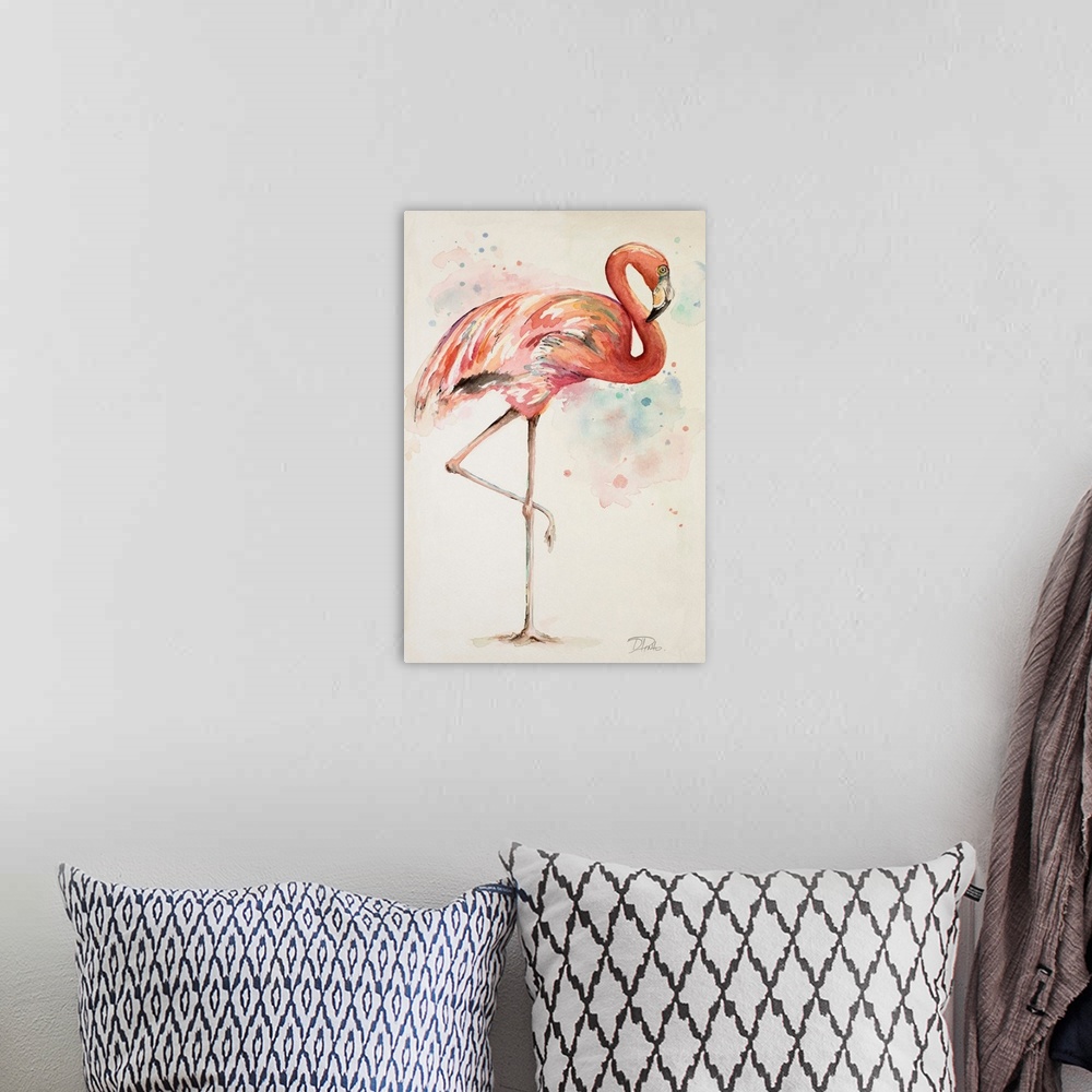 A bohemian room featuring Painting of a pink flamingo with long legs on a beige background.