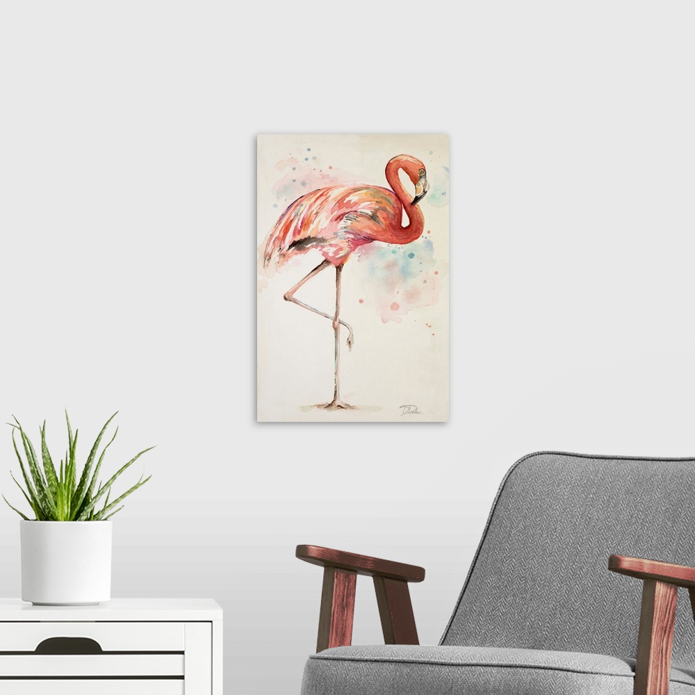 A modern room featuring Painting of a pink flamingo with long legs on a beige background.
