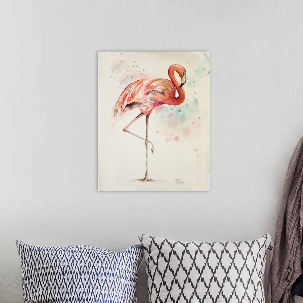A bohemian room featuring A watercolor painting of a pink flamingo perched on one foot.