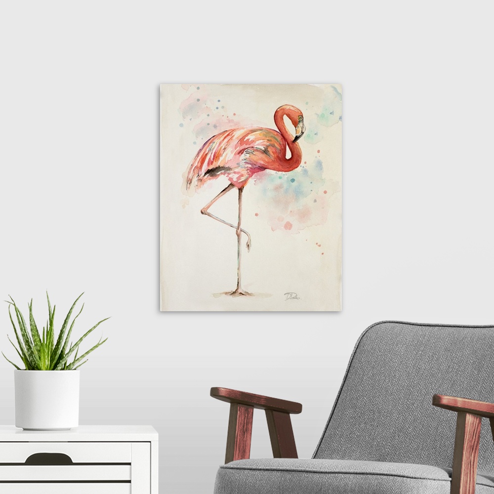 A modern room featuring A watercolor painting of a pink flamingo perched on one foot.