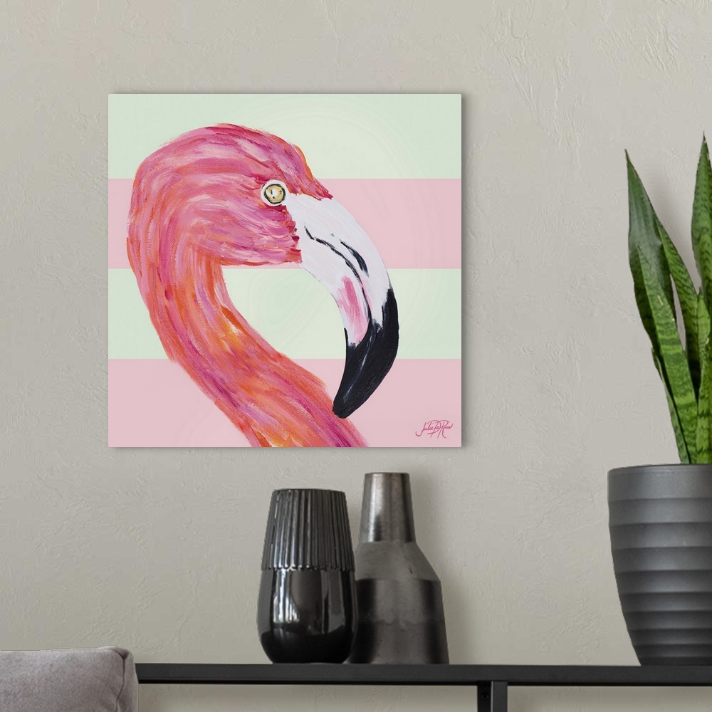 A modern room featuring A painting of a pink flamingo with a pale pink and cream striped background.