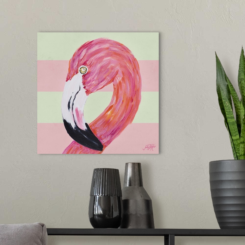 A modern room featuring A painting of a pink flamingo with a pale pink and cream striped background.