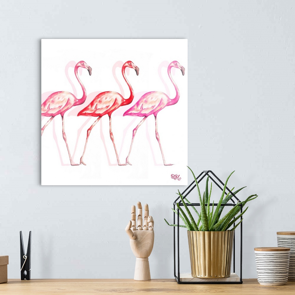 A bohemian room featuring Square art of three flamingos in different shades of pink walking behind each other with light sh...