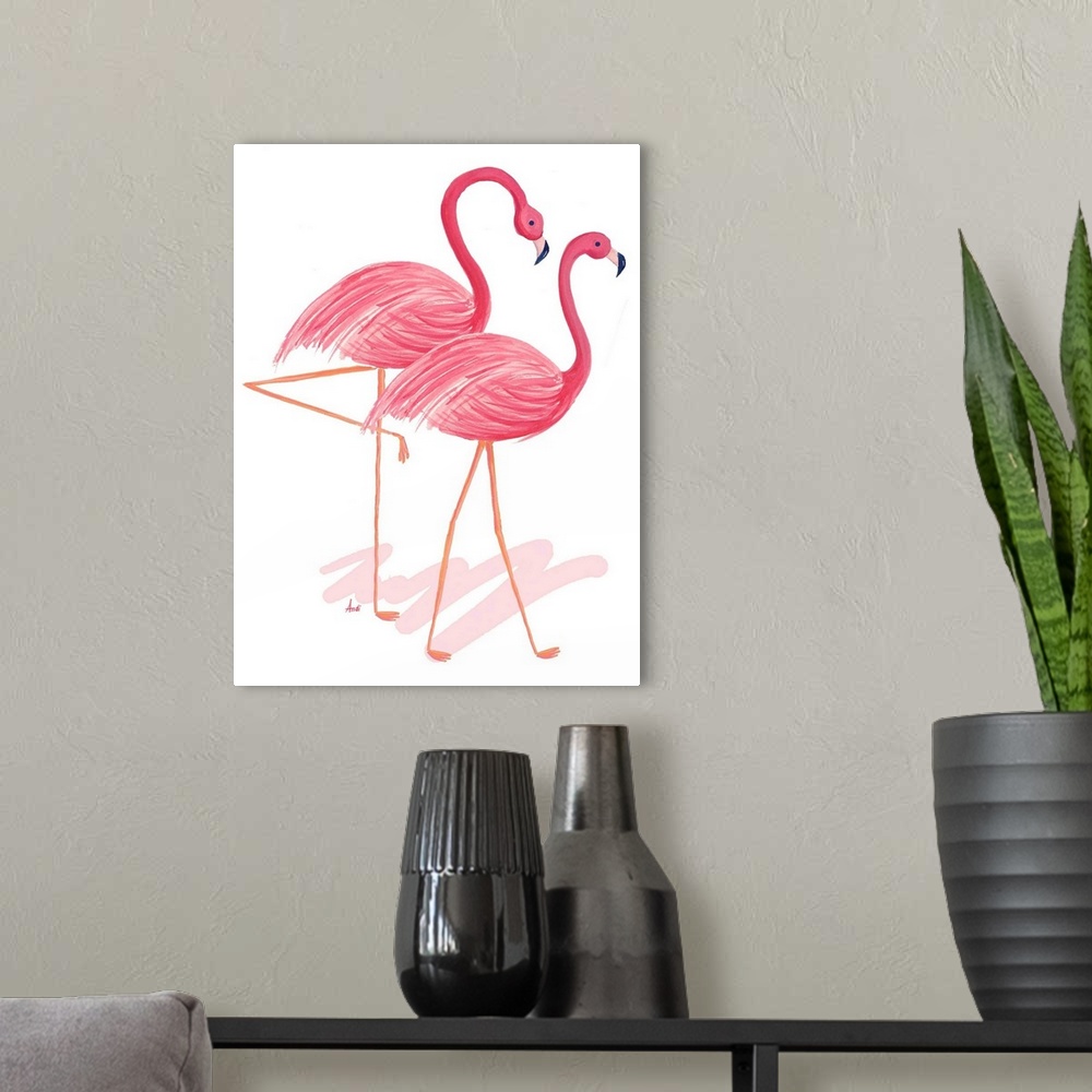 A modern room featuring Flamingo Walk Watercolor I