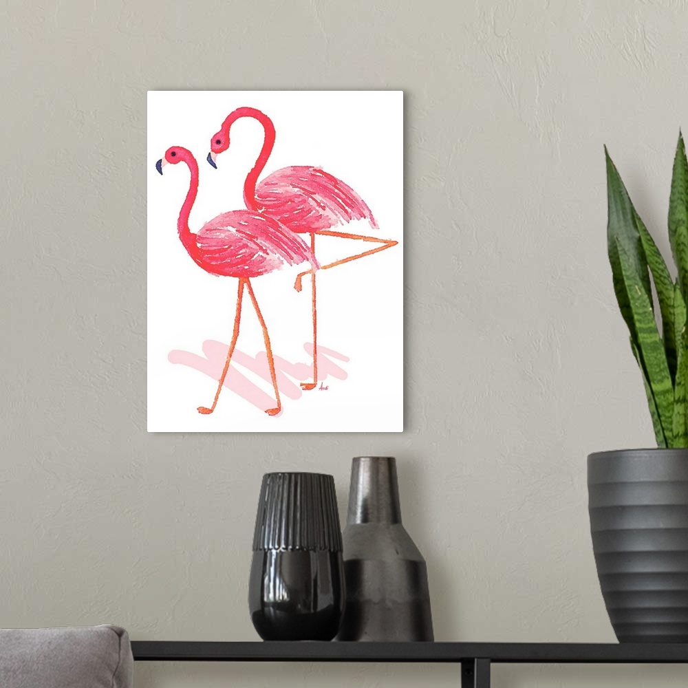 A modern room featuring Flamingo Walk Watercolor II