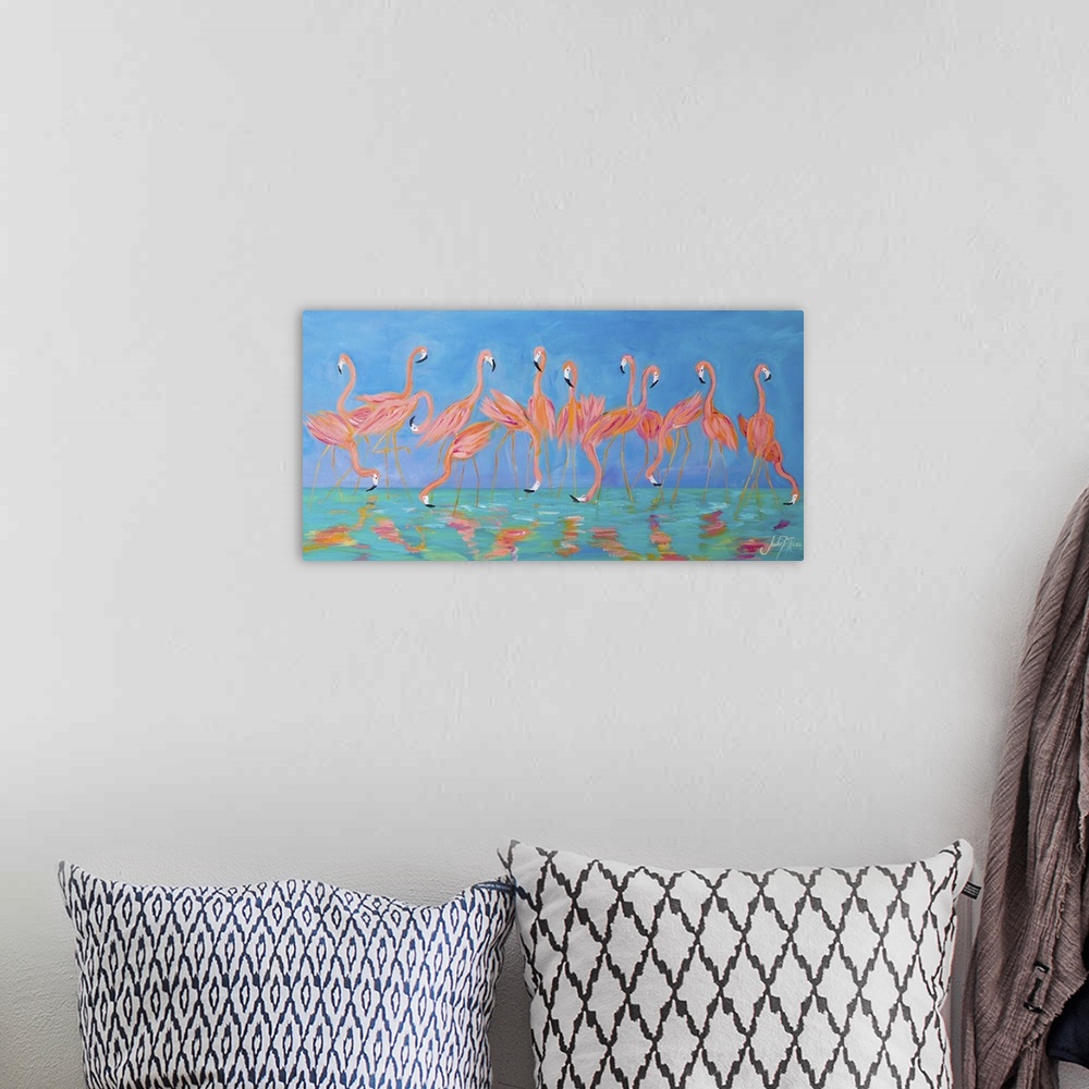 A bohemian room featuring Contemporary painting of a flock of flamingos standing in shallow water.