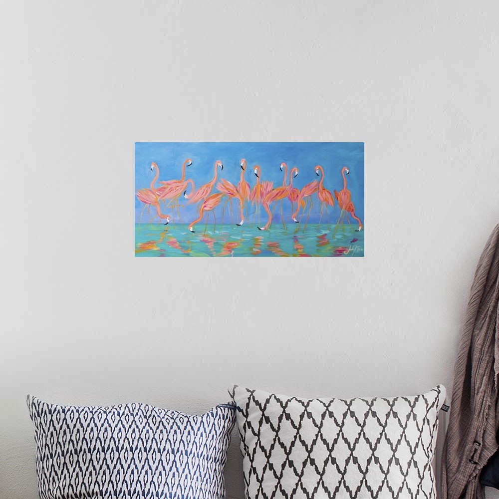 A bohemian room featuring Contemporary painting of a flock of flamingos standing in shallow water.