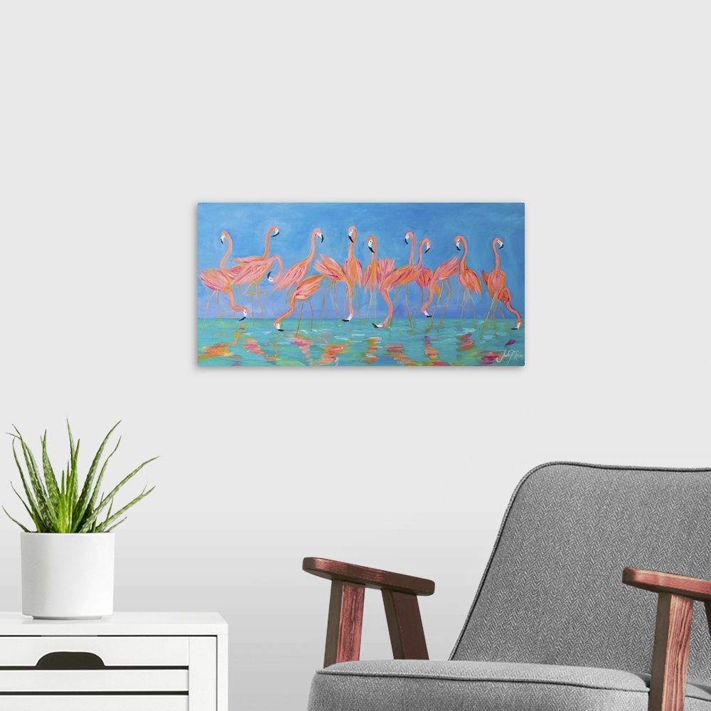 A modern room featuring Contemporary painting of a flock of flamingos standing in shallow water.