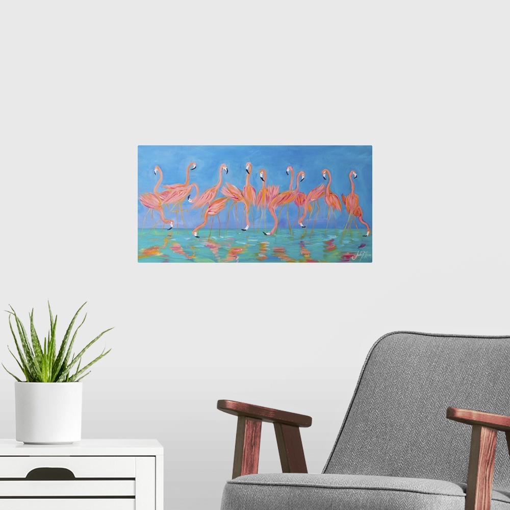 A modern room featuring Contemporary painting of a flock of flamingos standing in shallow water.