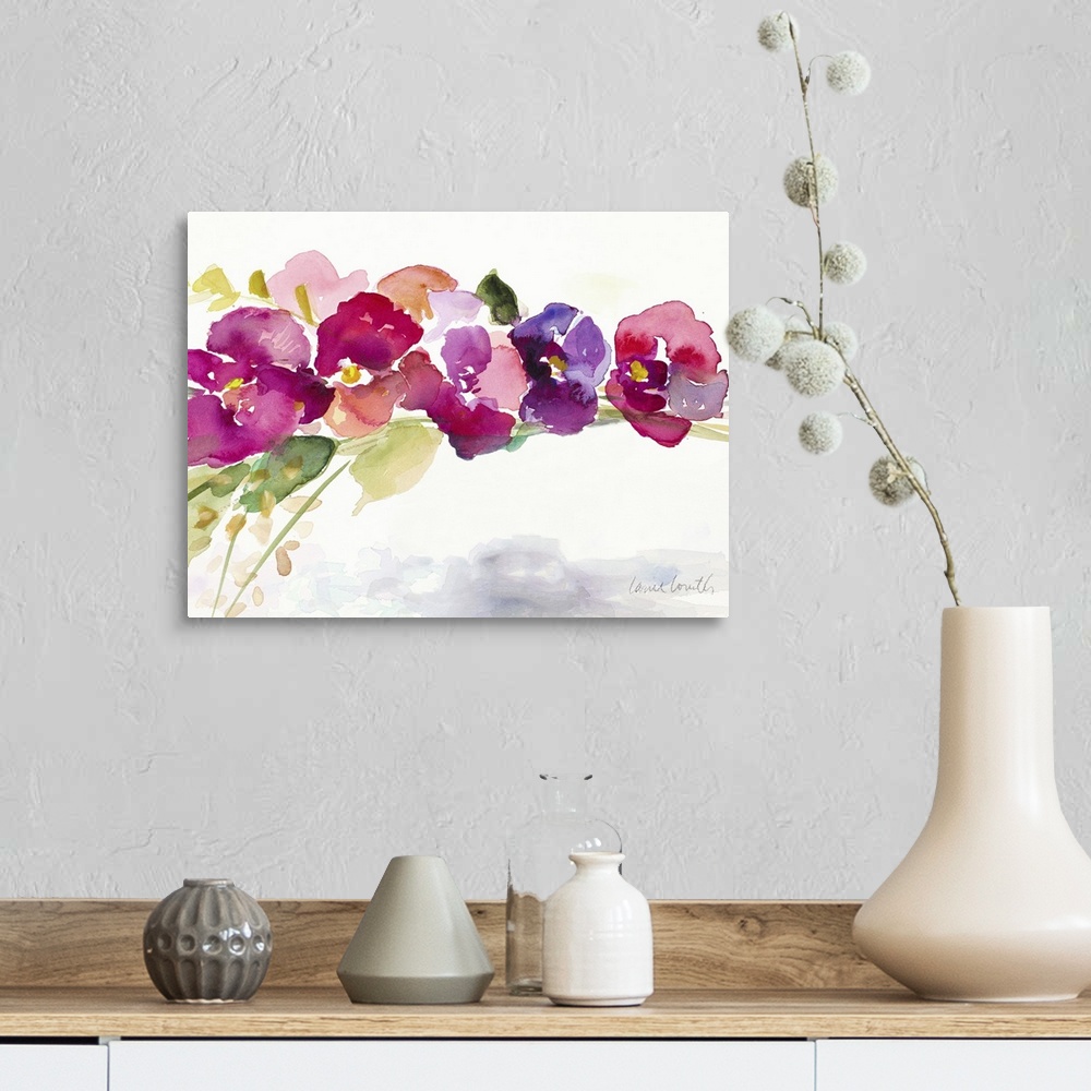 A farmhouse room featuring Contemporary watercolor painting of pink and purple flowers with green stems and leaves.