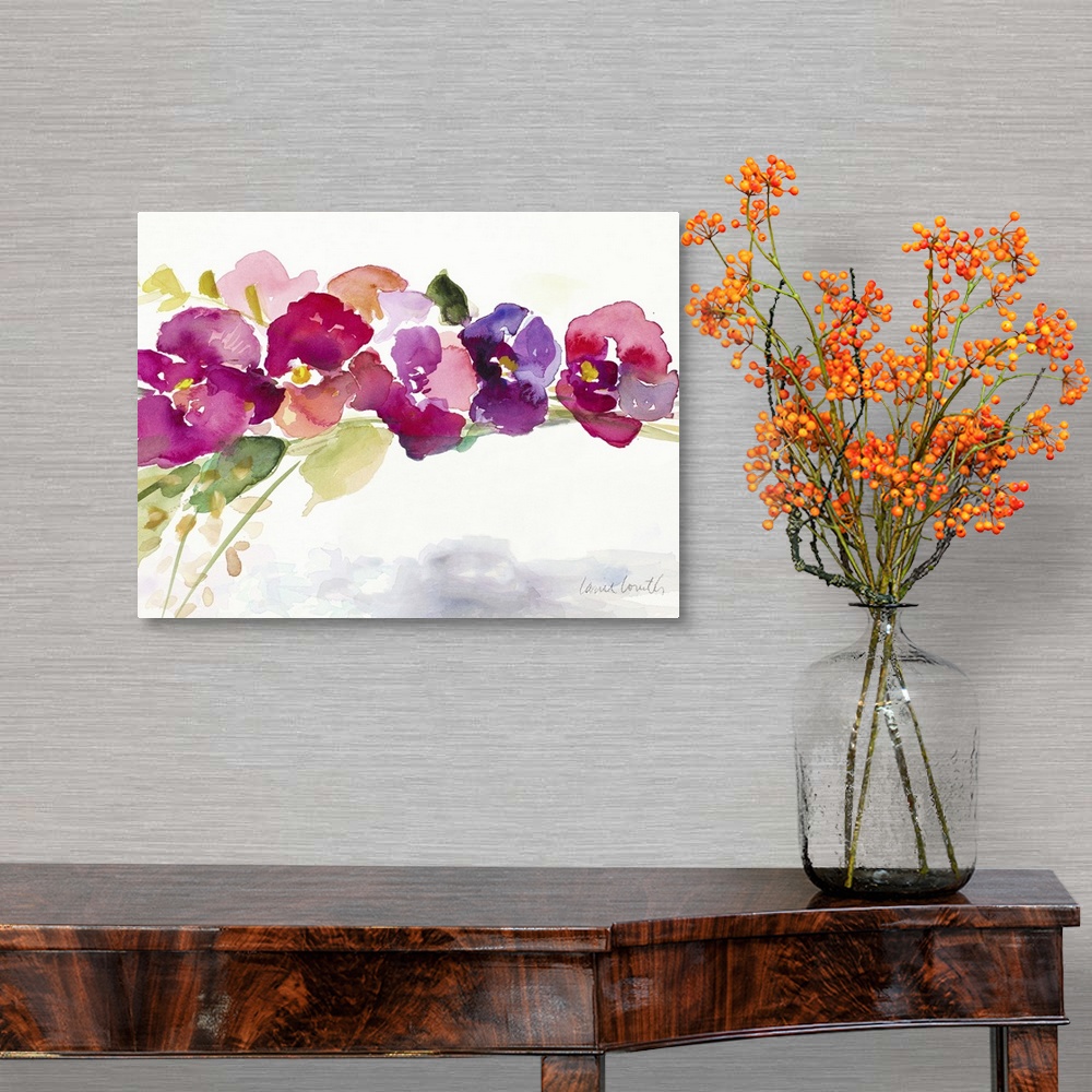 A traditional room featuring Contemporary watercolor painting of pink and purple flowers with green stems and leaves.
