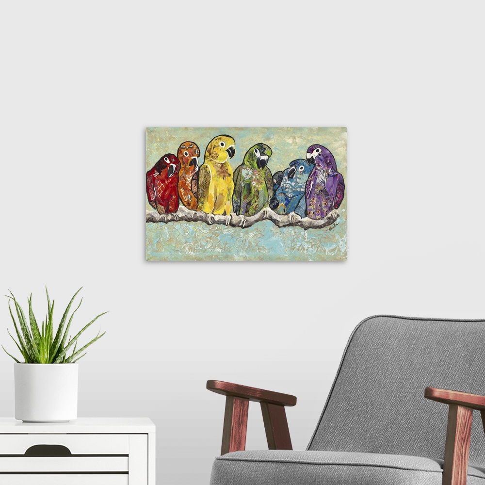 A modern room featuring A painting of macaws and conures on a branch, each in a different color, forming a rainbow.