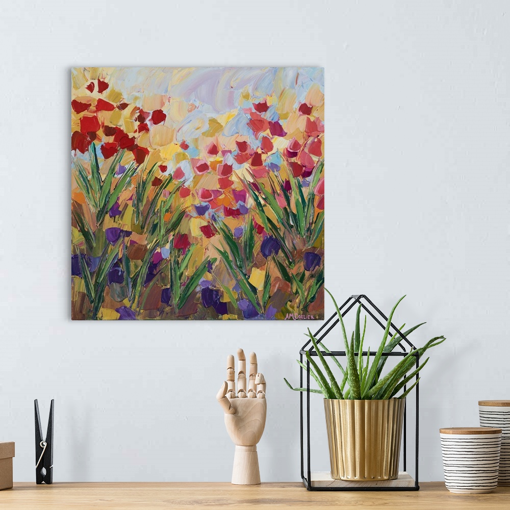 A bohemian room featuring Colorful contemporary artwork of a flower garden.