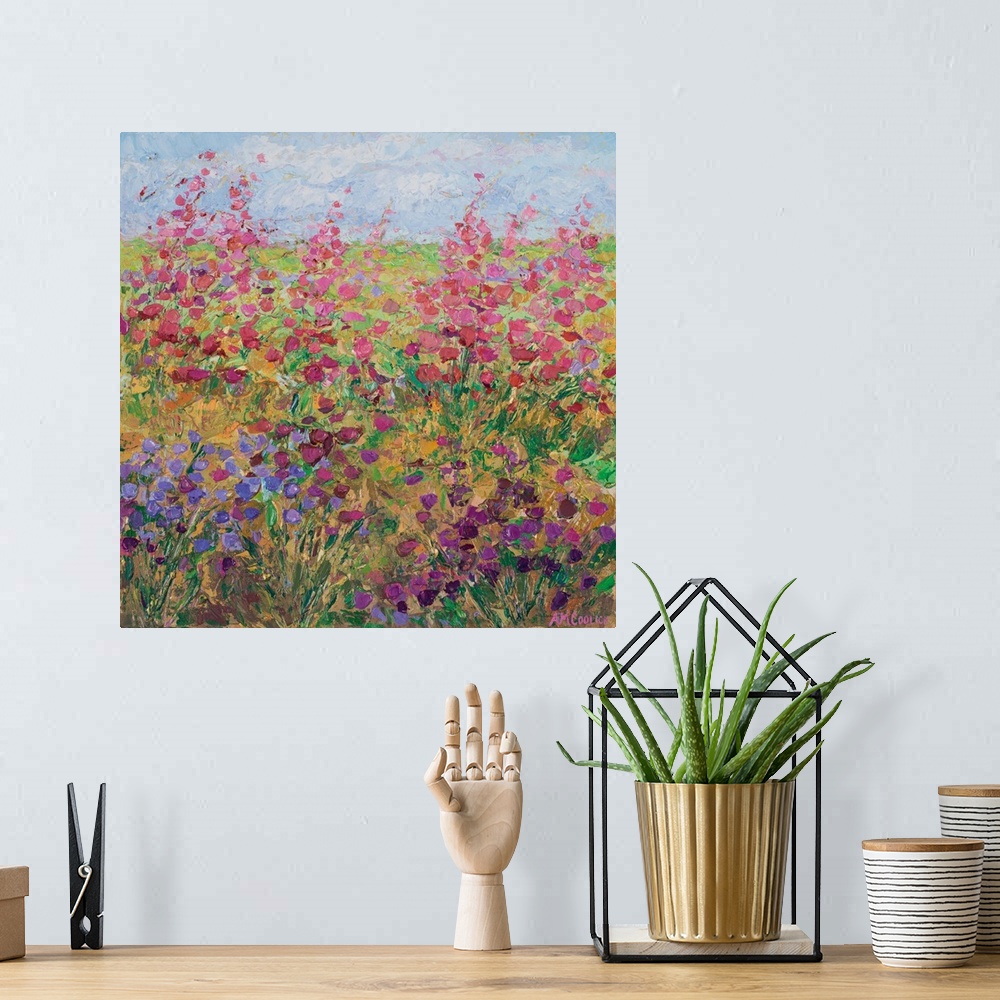 A bohemian room featuring Colorful contemporary artwork of a flower garden.