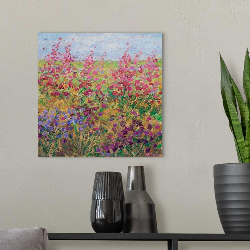 A modern room featuring Colorful contemporary artwork of a flower garden.