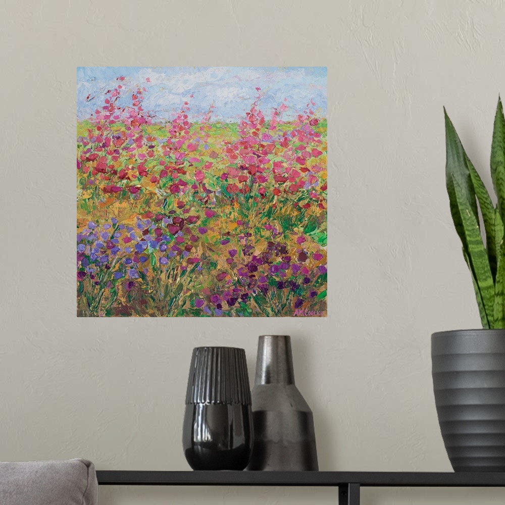 A modern room featuring Colorful contemporary artwork of a flower garden.