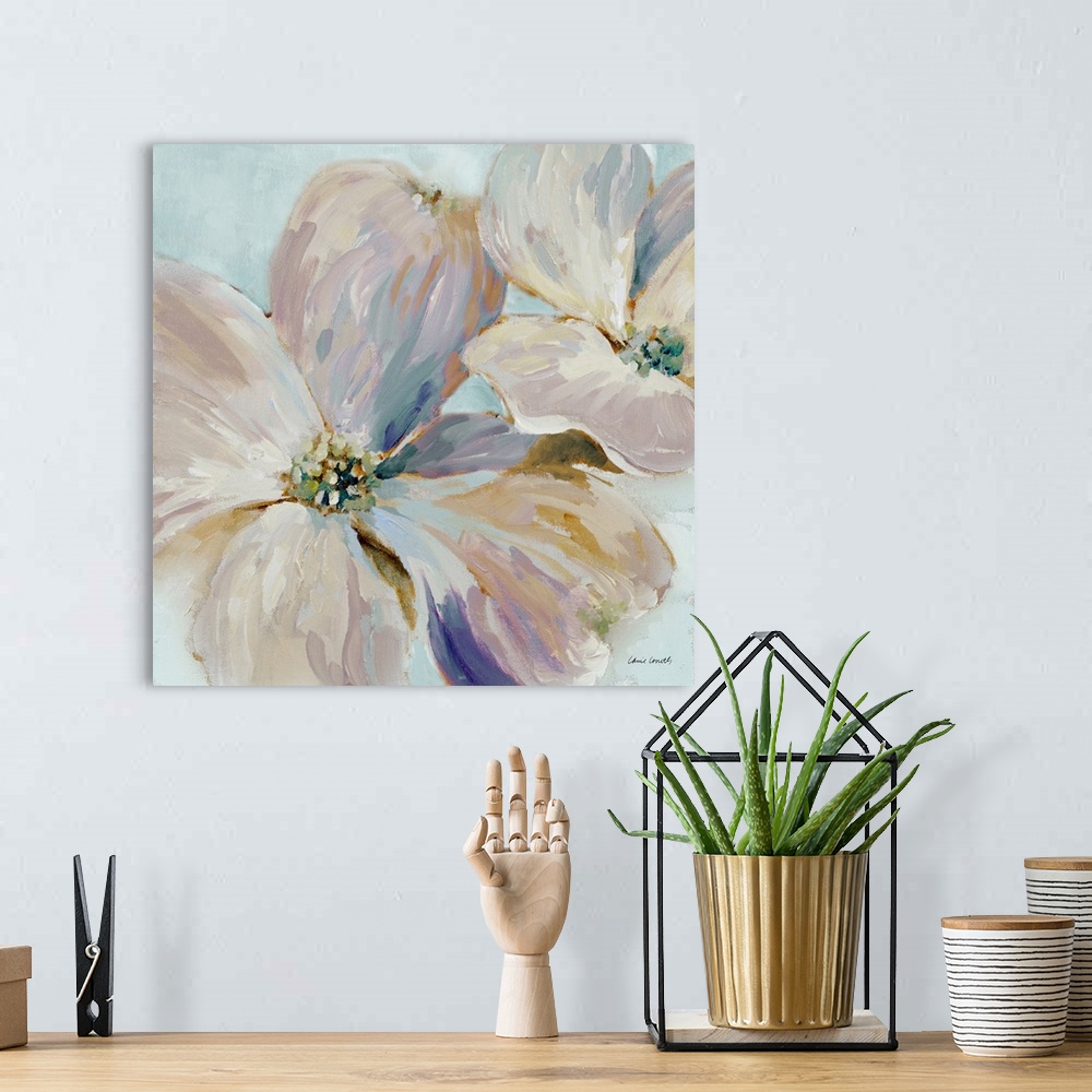 A bohemian room featuring This decorative artwork features subdued colors with visible brush strokes.