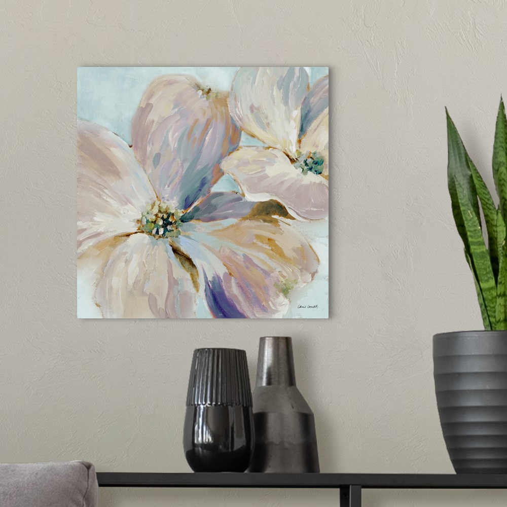 A modern room featuring This decorative artwork features subdued colors with visible brush strokes.