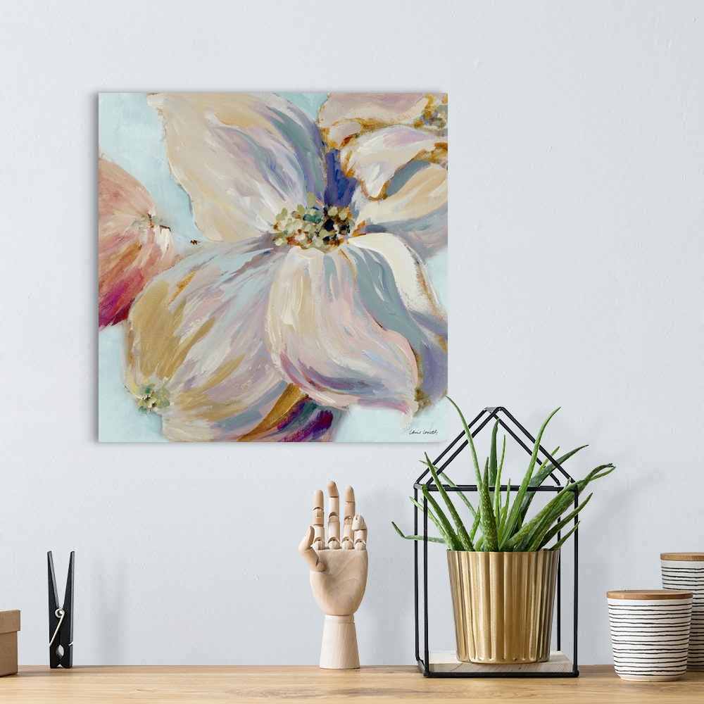 A bohemian room featuring This decorative artwork features subdued colors with visible brush strokes.