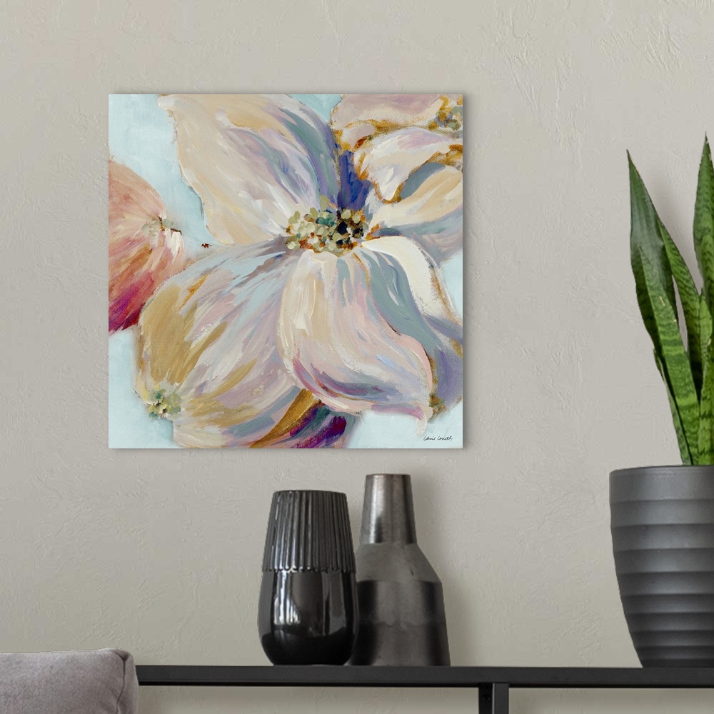 A modern room featuring This decorative artwork features subdued colors with visible brush strokes.