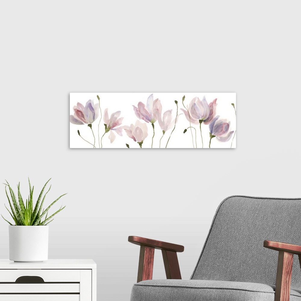 A modern room featuring A long horizontal watercolor painting of pink and violet flowers in a row.