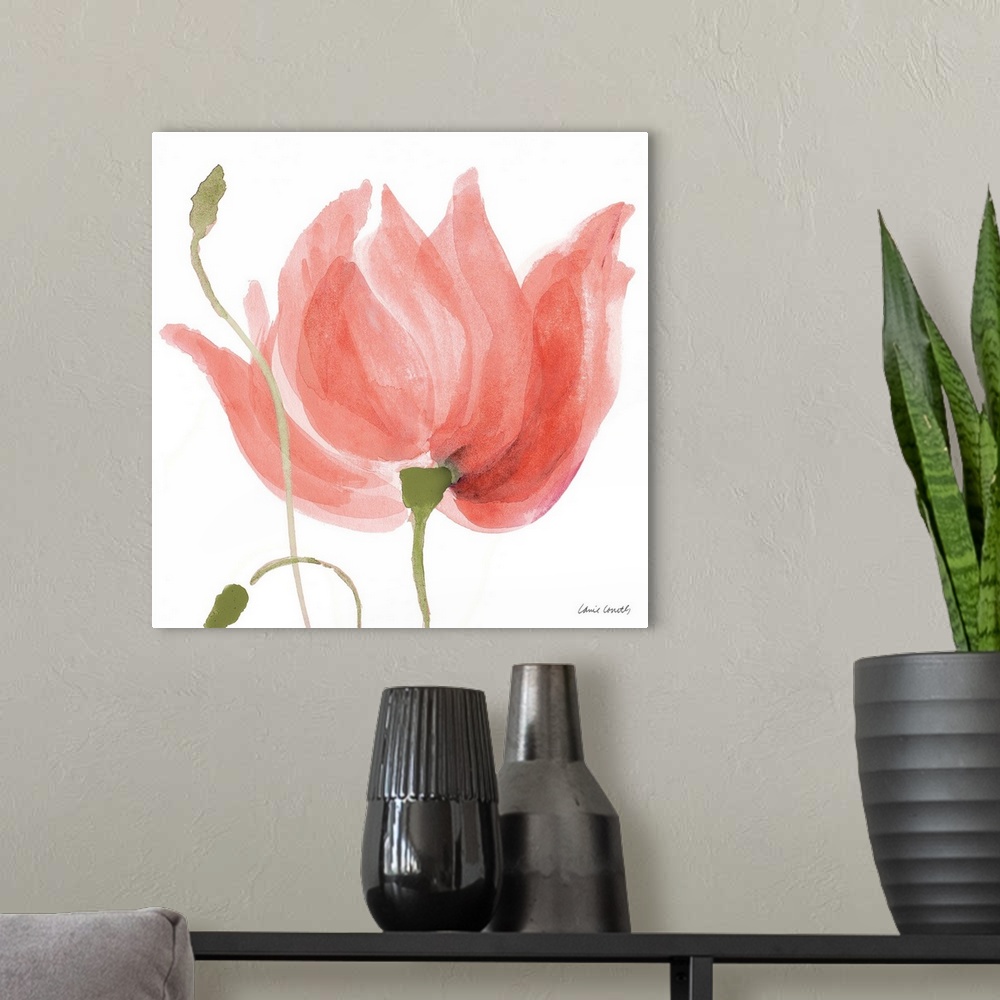 A modern room featuring A watercolor painting of a flower with green stems.