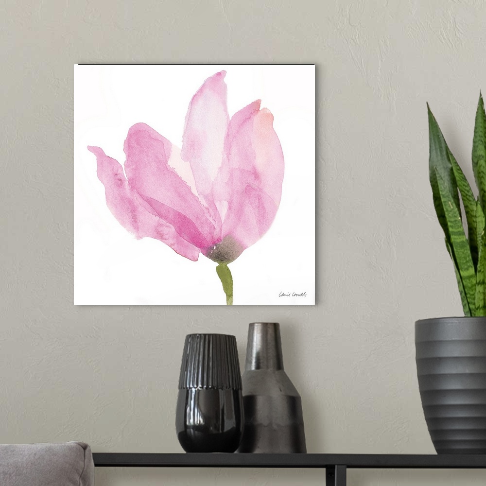 A modern room featuring A watercolor painting of a pink flower.