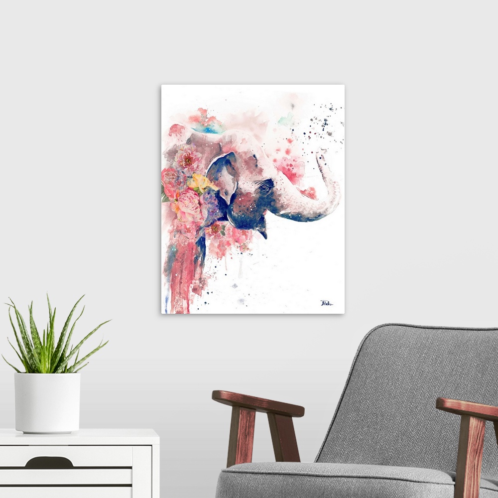 A modern room featuring Floral Watercolor Elephant