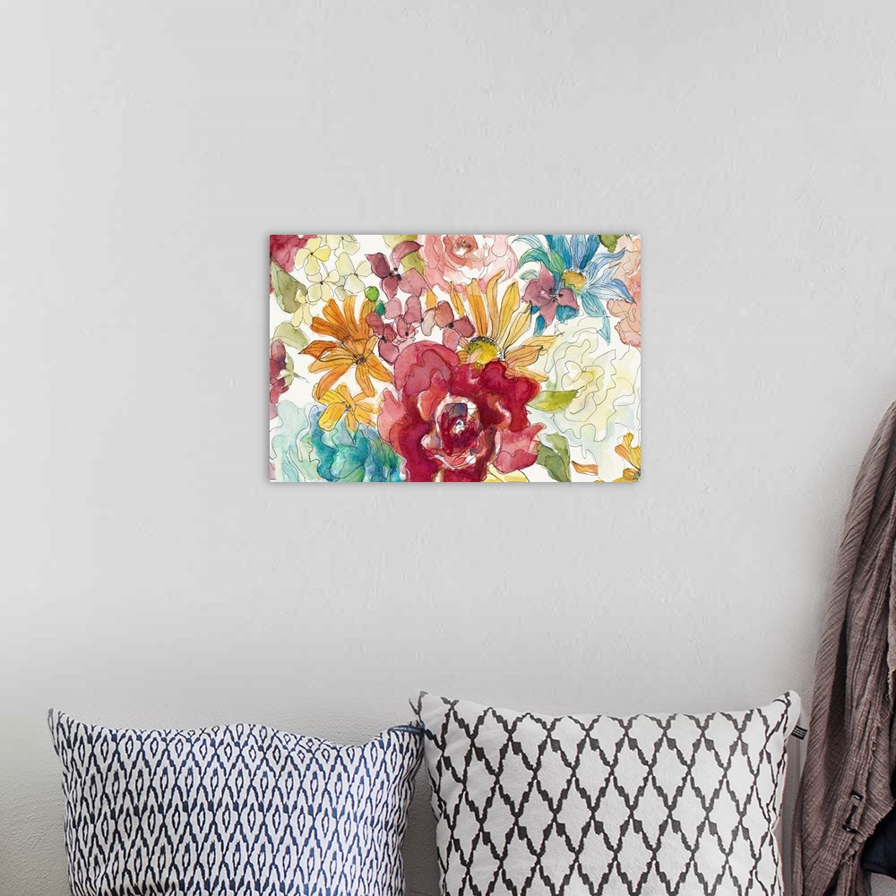 A bohemian room featuring Watercolor painting of a variety of colorful blooming flowers.