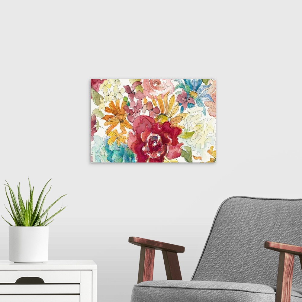 A modern room featuring Watercolor painting of a variety of colorful blooming flowers.