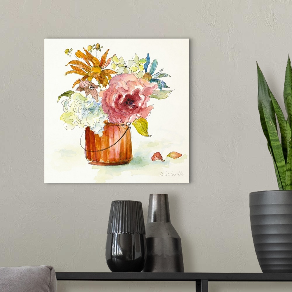 A modern room featuring Square watercolor painting of arranged wildflowers in an orange vase.