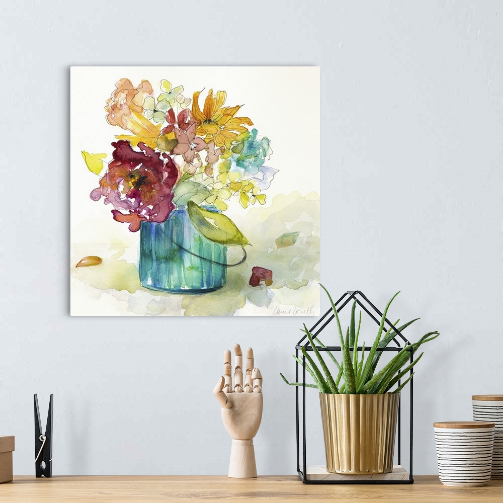 A bohemian room featuring Square watercolor painting of arranged wildflowers in a blue-green vase.