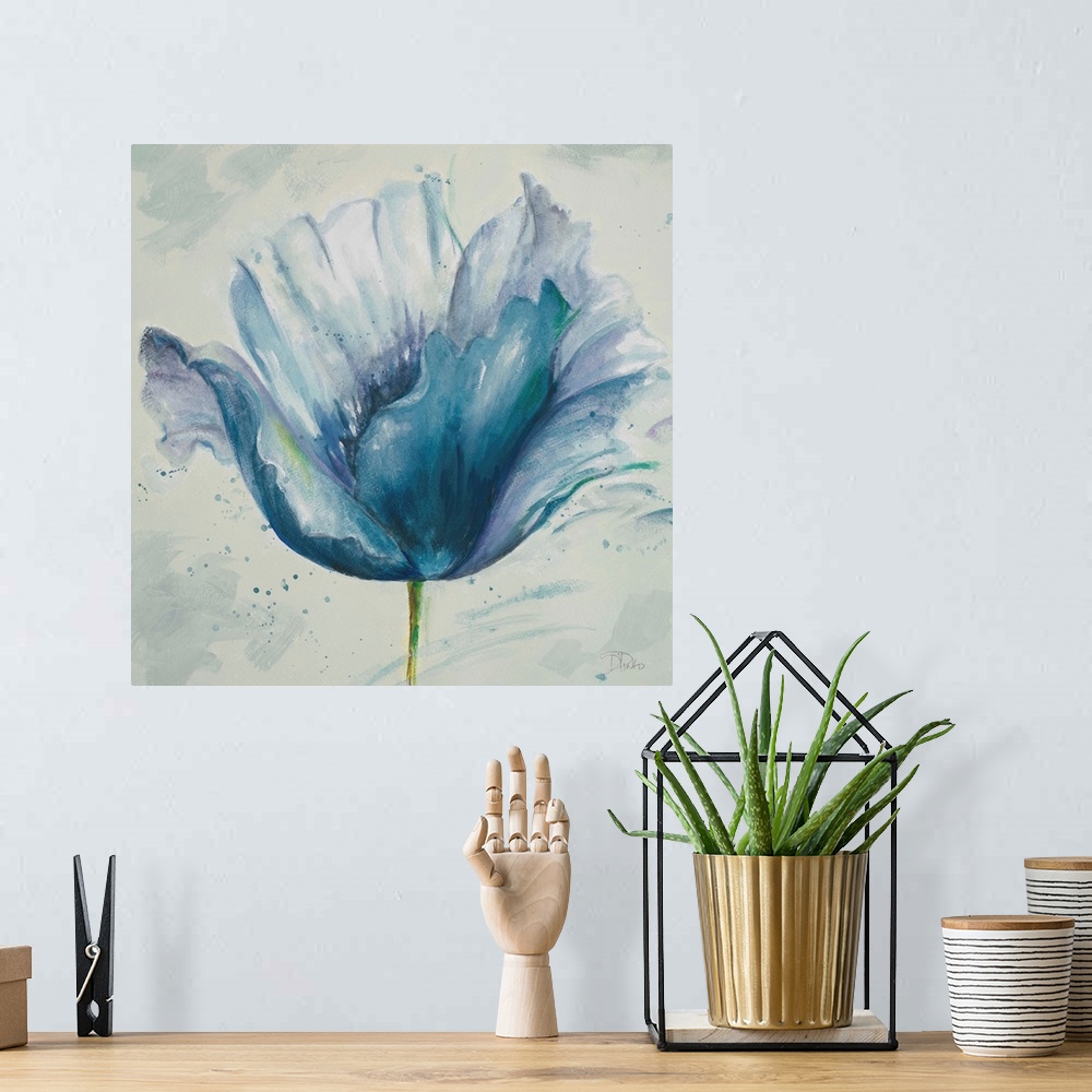 A bohemian room featuring Contemporary watercolor painting of a blue flower with a thin green stem.