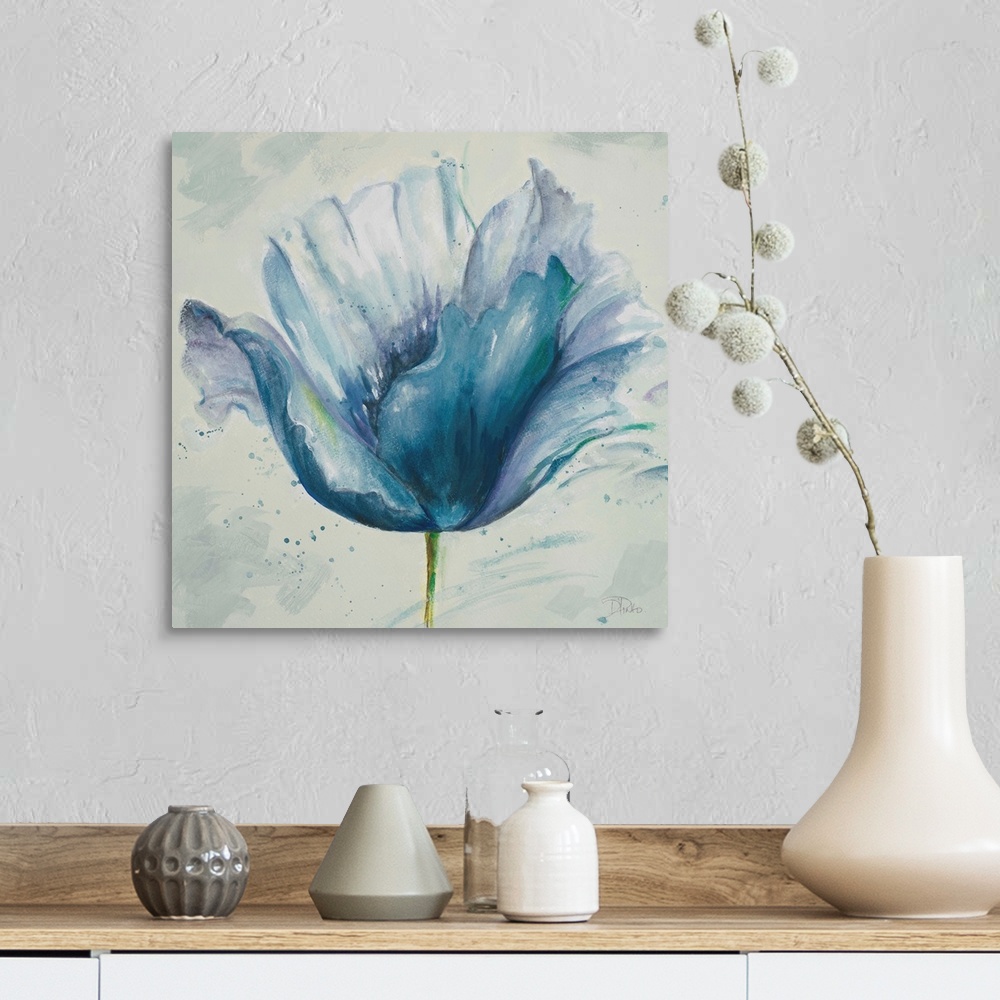 A farmhouse room featuring Contemporary watercolor painting of a blue flower with a thin green stem.