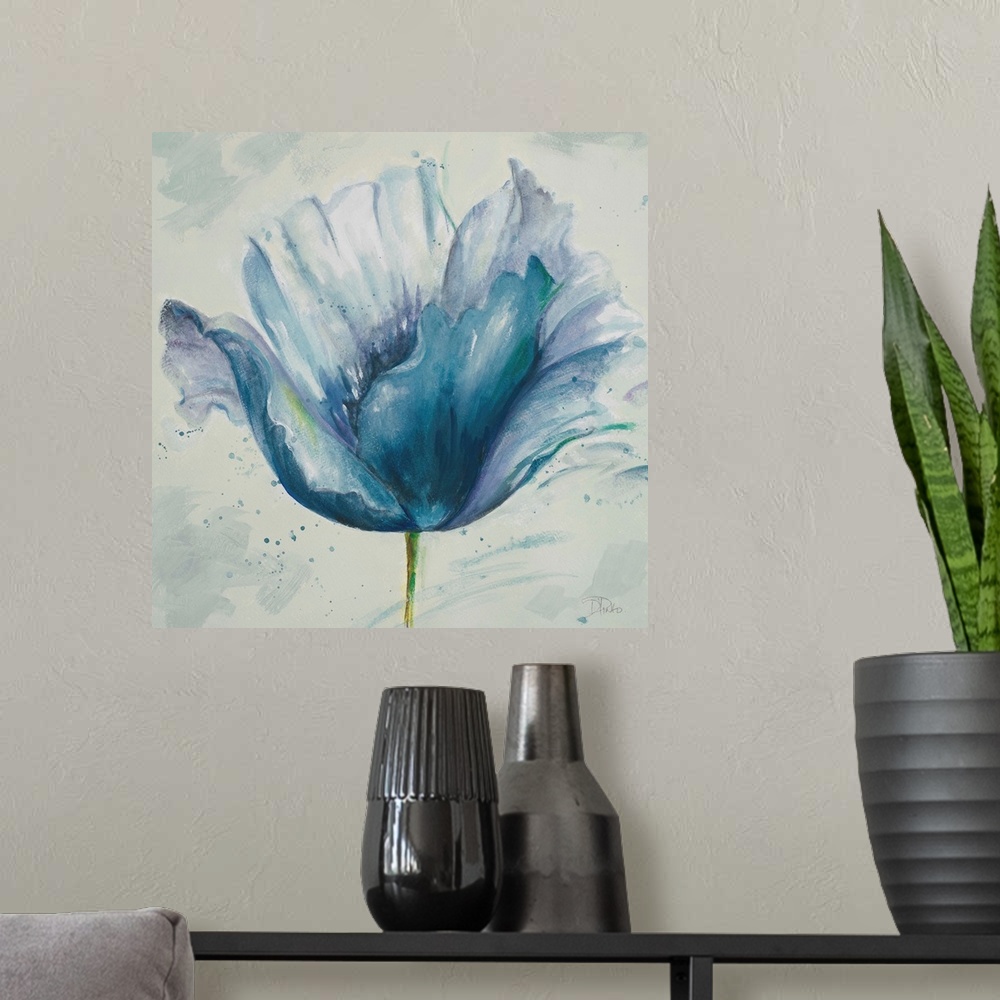 A modern room featuring Contemporary watercolor painting of a blue flower with a thin green stem.