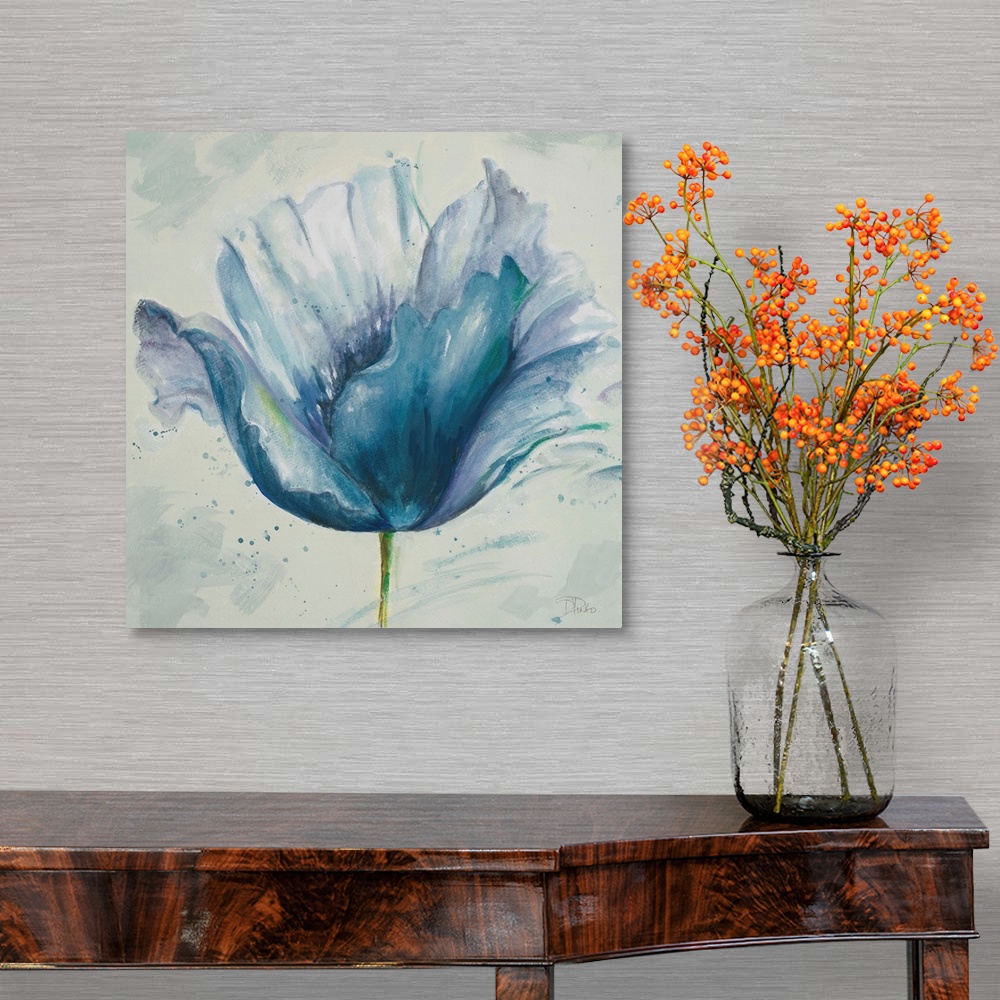 A traditional room featuring Contemporary watercolor painting of a blue flower with a thin green stem.