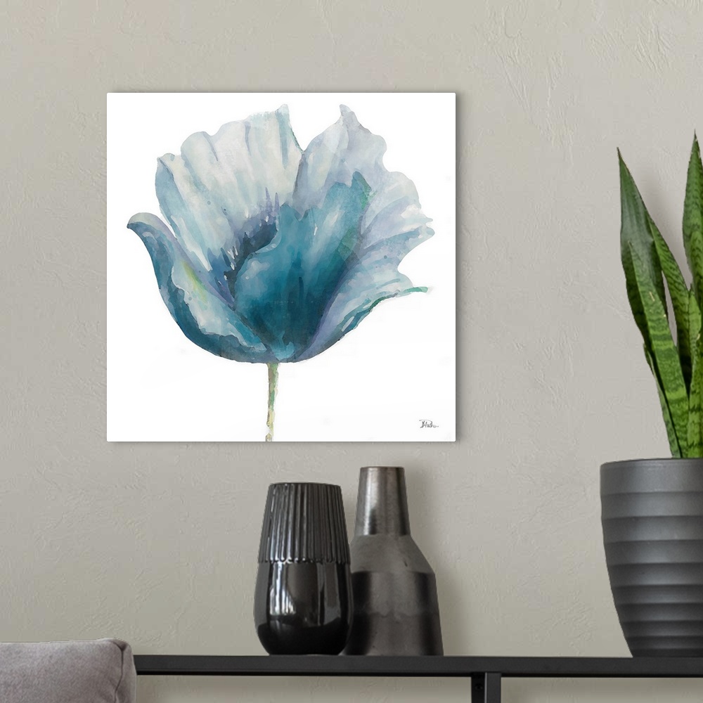 A modern room featuring This botanical artwork is comprised of watercolor layers in various shades of blue.