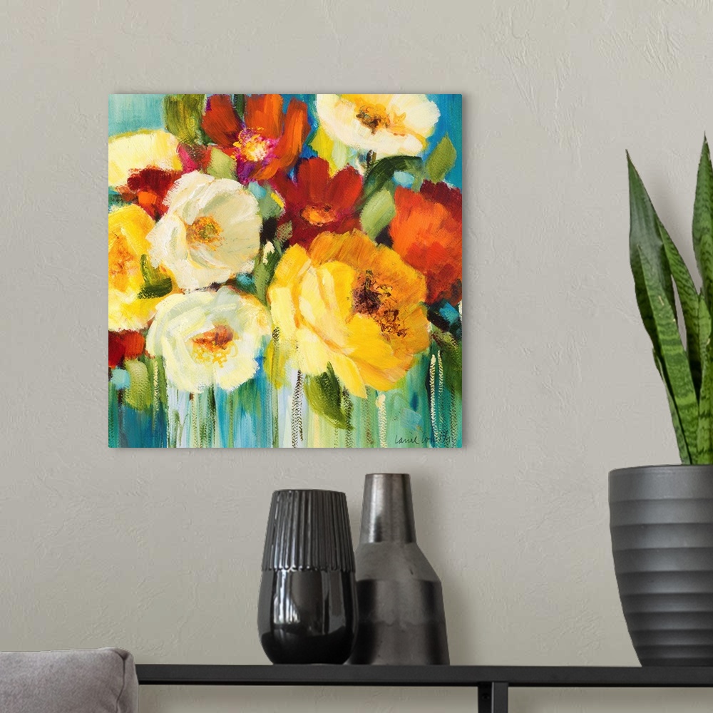 A modern room featuring Contemporary painting of a bouquet of vibrant colored flowers.