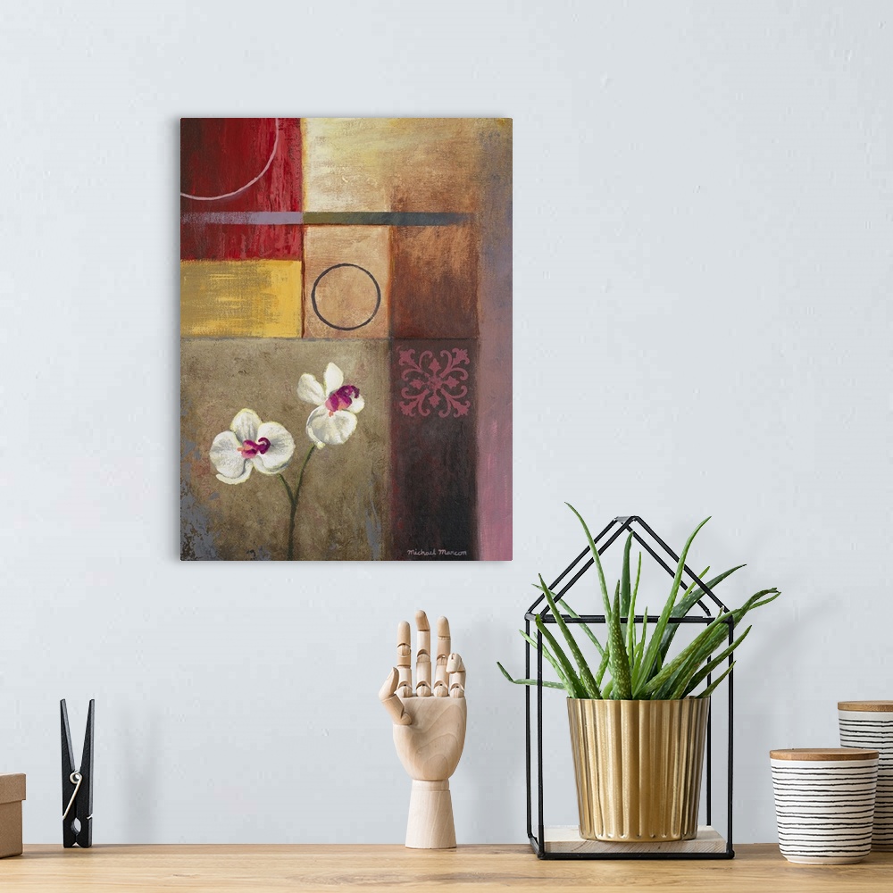 A bohemian room featuring This vertical, decorative accent is a contemporary painting created with geometric areas of color...