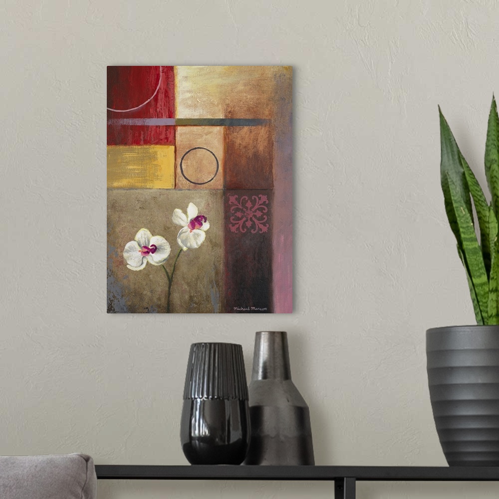 A modern room featuring This vertical, decorative accent is a contemporary painting created with geometric areas of color...