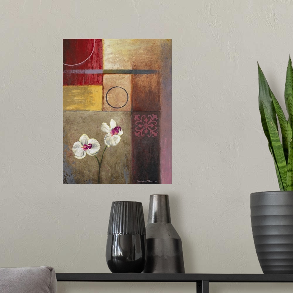 A modern room featuring This vertical, decorative accent is a contemporary painting created with geometric areas of color...