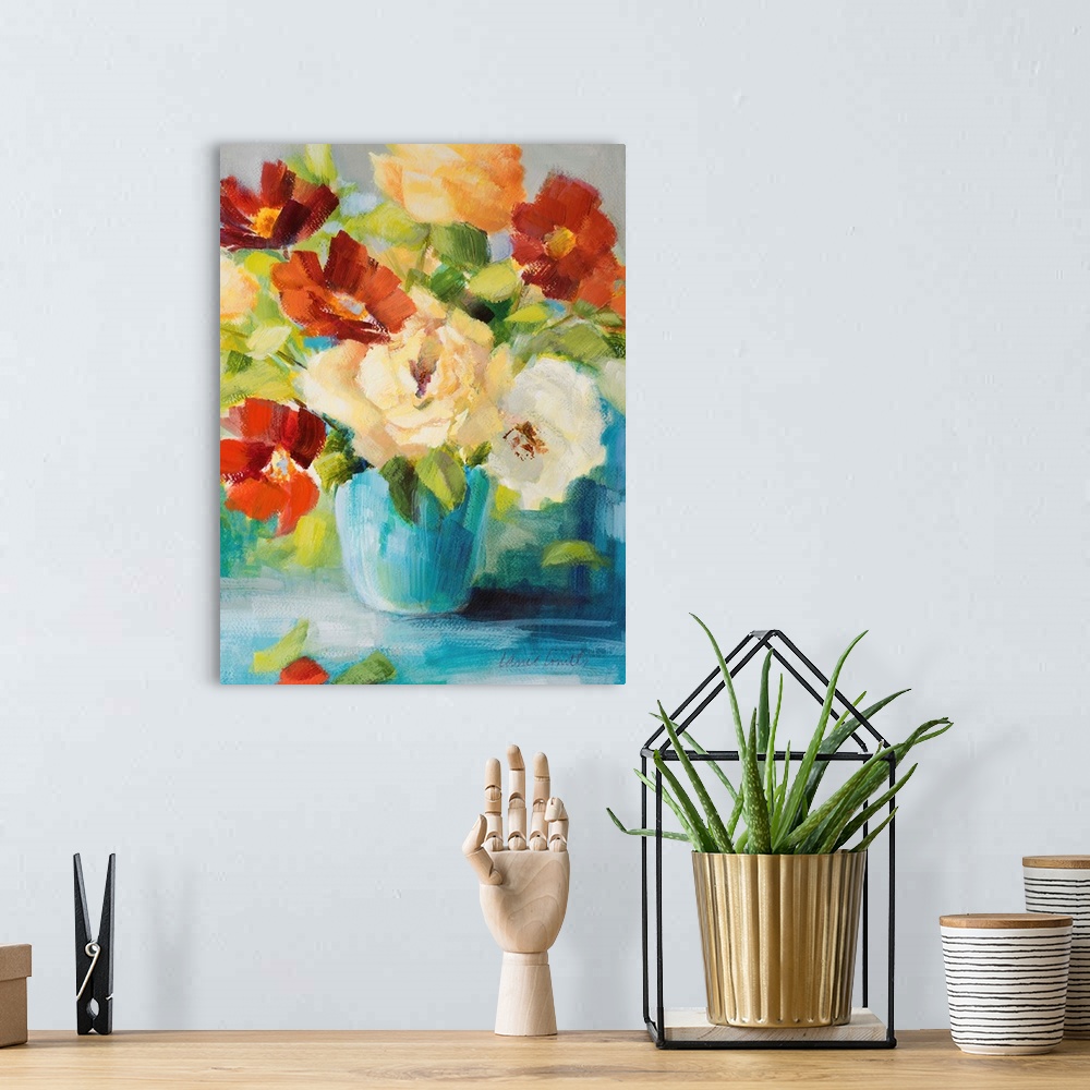 A bohemian room featuring Contemporary painting of a blue vase holding a bouquet of vibrant colored flowers.