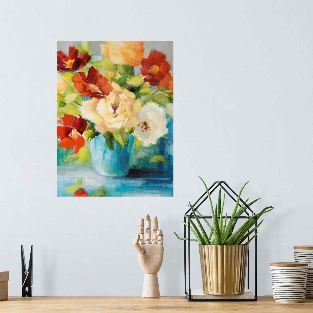 A bohemian room featuring Contemporary painting of a blue vase holding a bouquet of vibrant colored flowers.