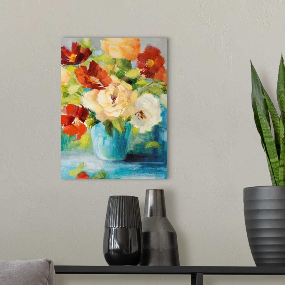 A modern room featuring Contemporary painting of a blue vase holding a bouquet of vibrant colored flowers.