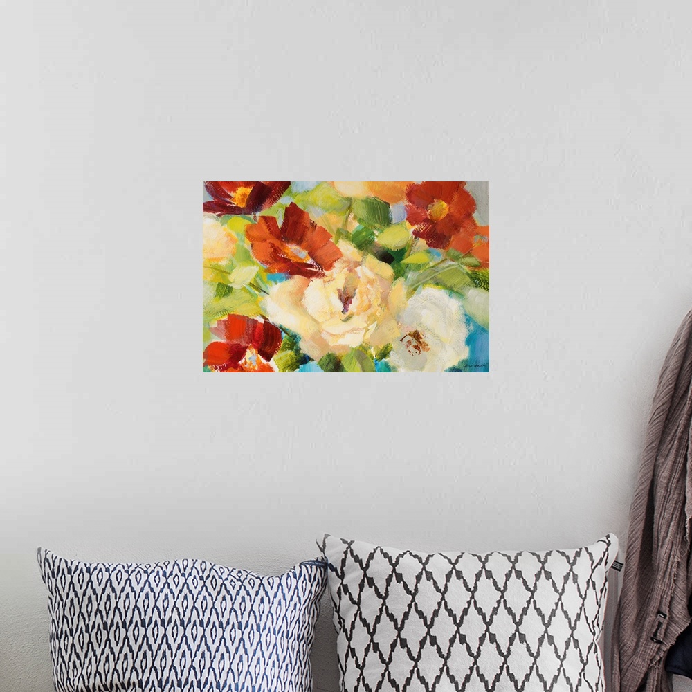 A bohemian room featuring Contemporary painting of a bouquet of vibrant colored flowers.