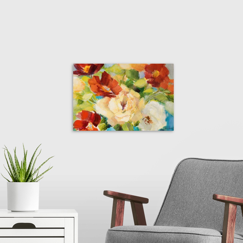 A modern room featuring Contemporary painting of a bouquet of vibrant colored flowers.