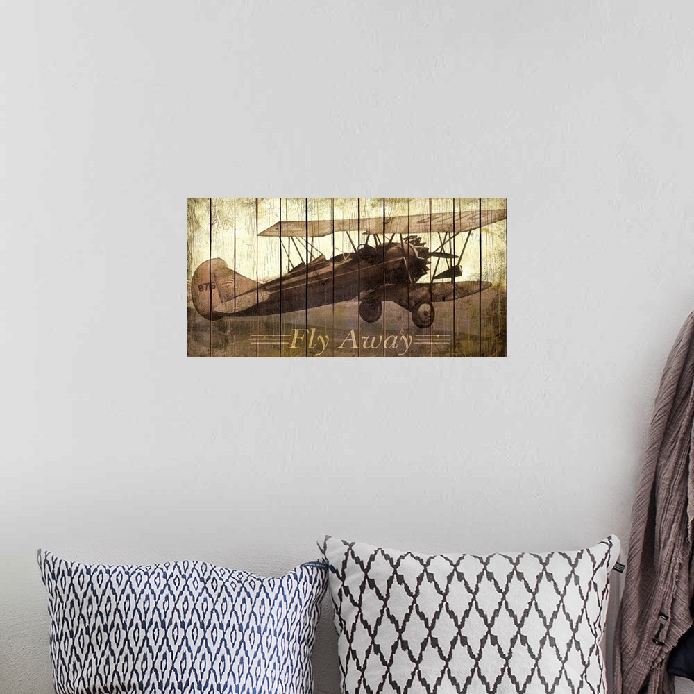 A bohemian room featuring Vintage photo of an airplane on canvas with a wooden and grungy texture overlaid on top.